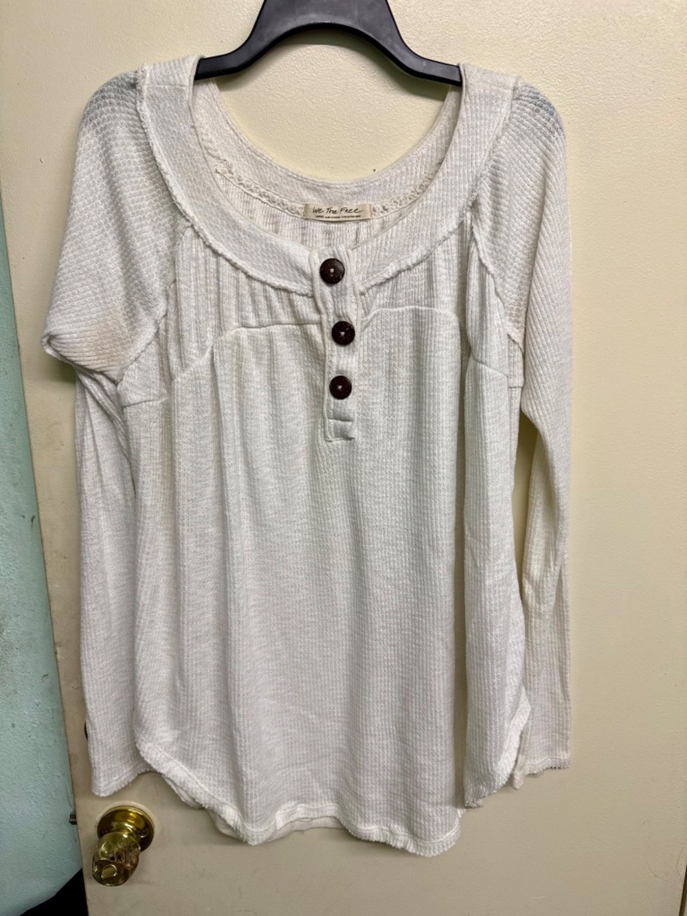 We The Free White Long Sleeve Top Black Button Detail Boho Free People